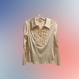 Vintage 70s White/Cream Tuxedo Ruffle Blouse Top, Silk, Made in USA